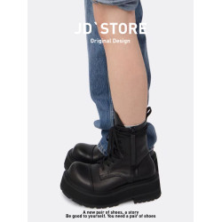 牛皮版~真皮6cm厚底馬丁靴女2025新款雙拉鍊系帶增高短靴大頭靴潮