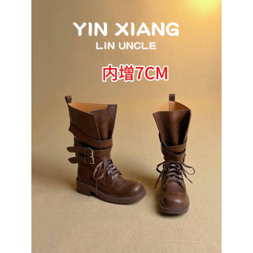 牛皮版~7.5cm內增高棕色復古馬丁靴女秋季新款中筒靴皮帶釦騎士靴 牛皮版~7.5cm內增高棕色復古馬丁靴女秋季新款中筒靴皮帶釦騎士靴