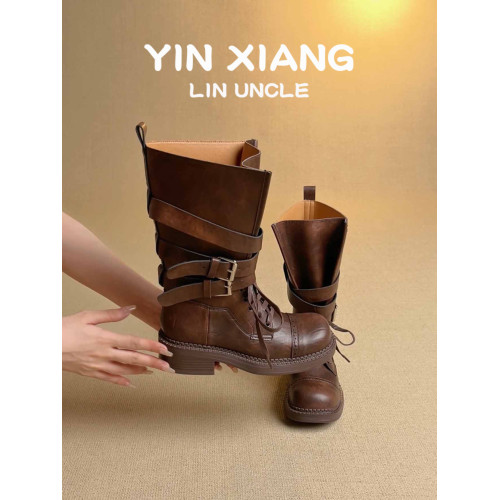 牛皮版~7.5cm內增高棕色復古馬丁靴女秋季新款中筒靴皮帶釦騎士靴 牛皮版~7.5cm內增高棕色復古馬丁靴女秋季新款中筒靴皮帶釦騎士靴