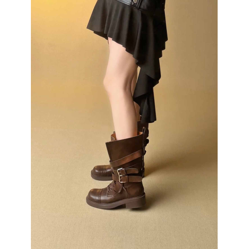 牛皮版~7cm內增高棕色復古馬丁靴女秋季新款中筒靴皮帶釦騎士靴
