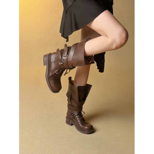 牛皮版~7.5cm內增高棕色復古馬丁靴女秋季新款中筒靴皮帶釦騎士靴 牛皮版~7.5cm內增高棕色復古馬丁靴女秋季新款中筒靴皮帶釦騎士靴