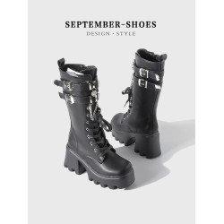 男女同款龐克增高騎士靴女厚底粗跟哥特風長筒靴小個子高筒馬丁靴