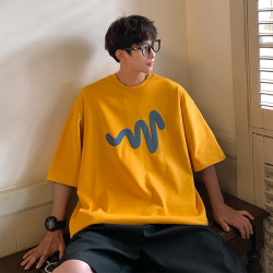 高級感白色線條印花短袖T恤男夏季大碼300斤潮牌寬鬆情侶純棉上衣