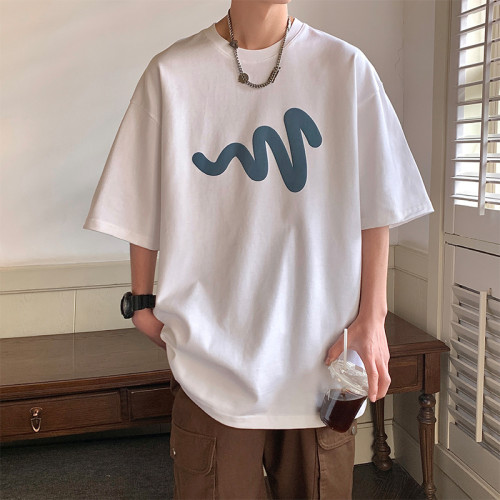 高級感白色線條印花短袖T恤男夏季大碼300斤潮牌寬鬆情侶純棉上衣 高級感白色線條印花短袖T恤男夏季大碼300斤潮牌寬鬆情侶純棉上衣