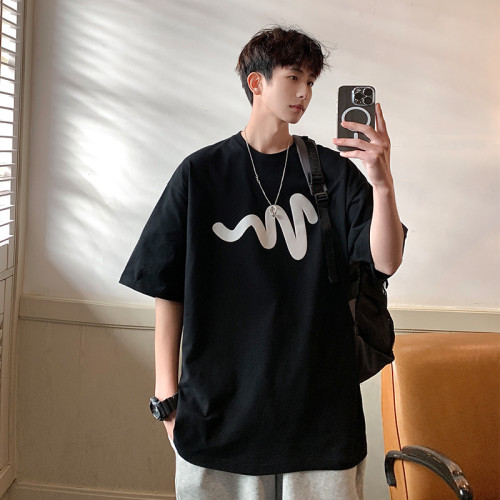 高級感白色線條印花短袖T恤男夏季大碼300斤潮牌寬鬆情侶純棉上衣 高級感白色線條印花短袖T恤男夏季大碼300斤潮牌寬鬆情侶純棉上衣