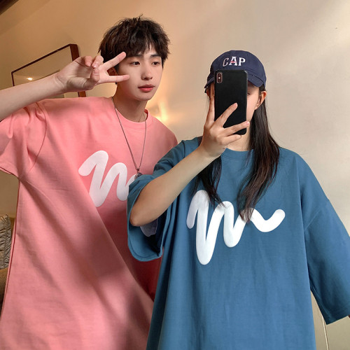 高級感白色線條印花短袖T恤男夏季大碼300斤潮牌寬鬆情侶純棉上衣 高級感白色線條印花短袖T恤男夏季大碼300斤潮牌寬鬆情侶純棉上衣