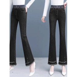 羊羔絨微喇牛仔褲女2025冬季新款松緊腰高腰顯瘦馬蹄褲喇叭褲子女