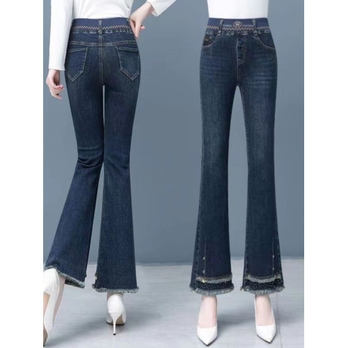 羊羔絨微喇牛仔褲女2025冬季新款松緊腰高腰顯瘦馬蹄褲喇叭褲子女