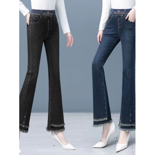 羊羔絨微喇牛仔褲女2025冬季新款松緊腰高腰顯瘦馬蹄褲喇叭褲子女