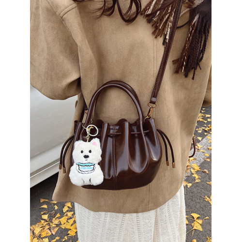 高級感油蠟皮手拎水桶包2025冬季新款時尚簡約單肩包小衆潮流女包