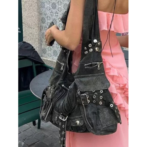 CELNA鉚釘腋下包新款時尚百搭暗黑多口袋打結肩帶單肩斜後後背包男女