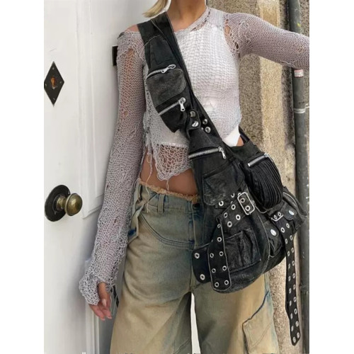 CELNA鉚釘腋下包新款時尚百搭暗黑多口袋打結肩帶單肩斜後後背包男女