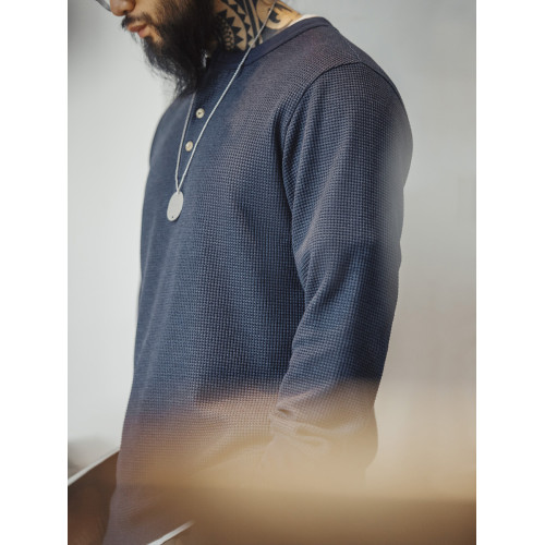 馬登工裝 美式復古華夫格針織亨利衫修身阿美哢嘰純色長袖T恤男春