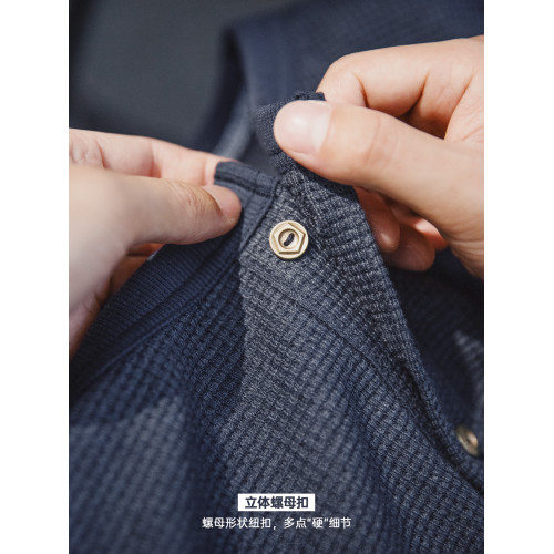 馬登工裝 美式復古華夫格針織亨利衫修身阿美哢嘰純色長袖T恤男春