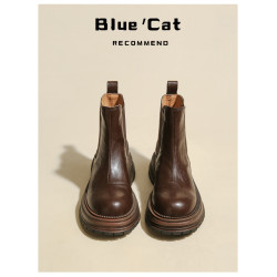 藍貓先生真皮復古切爾西靴2024年新款英倫風短筒厚底馬丁靴女短靴