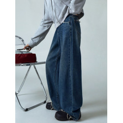 SIXI四喜家春季 復古做舊毛須邊濶腿牛仔褲女高腰直筒老爹拖地褲