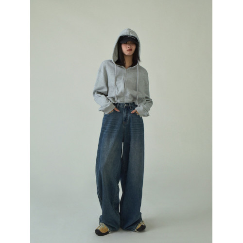 SIXI四喜家春季 復古做舊毛須邊濶腿牛仔褲女高腰直筒老爹拖地褲