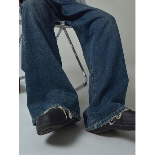 SIXI四喜家春季 復古做舊毛須邊濶腿牛仔褲女高腰直筒老爹拖地褲