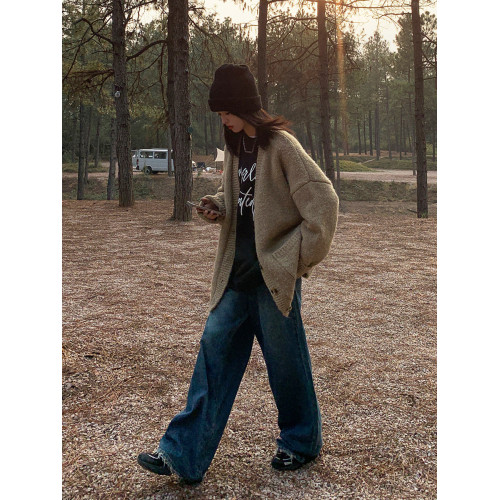 SIXI四喜家春季 復古做舊毛須邊濶腿牛仔褲女高腰直筒老爹拖地褲