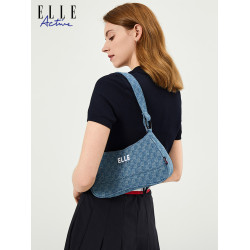 ELLE Active滿印牛仔布斜後後背包氣質可攜式手提包時髦復古單肩包