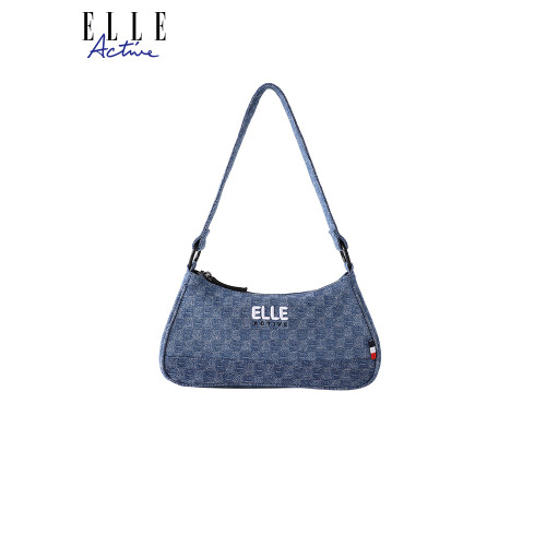 ELLE Active滿印牛仔布斜後後背包氣質可攜式手提包時髦復古單肩包