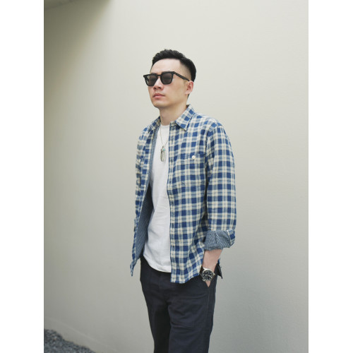 Bii&Free雙層布純棉休閒藍白格子襯衫男長袖修身尖領水洗原創襯衣