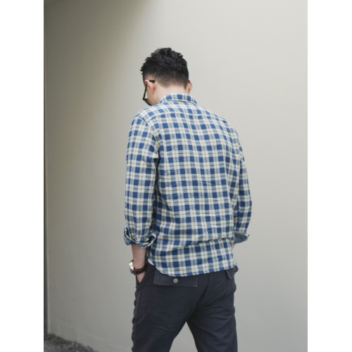 Bii&Free雙層布純棉休閒藍白格子襯衫男長袖修身尖領水洗原創襯衣