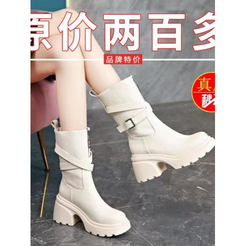品牌特價真皮厚底小個子粗跟短靴女秋冬新款高跟顯腿長顯高中筒靴