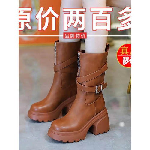 品牌特價真皮厚底小個子粗跟短靴女秋冬新款高跟顯腿長顯高中筒靴