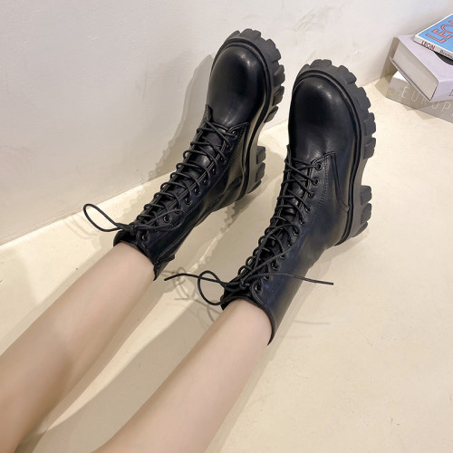 英倫風時尚百搭馬丁靴女2025年春季小個子厚底增高系帶休閒中筒靴 英倫風時尚百搭馬丁靴女2025年春季小個子厚底增高系帶休閒中筒靴