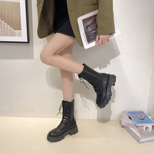 英倫風時尚百搭馬丁靴女2025年春季小個子厚底增高系帶休閒中筒靴 英倫風時尚百搭馬丁靴女2025年春季小個子厚底增高系帶休閒中筒靴