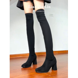 粗跟過膝靴女2025秋冬新款瘦瘦靴高跟長筒靴絨面方頭高筒彈力襪靴