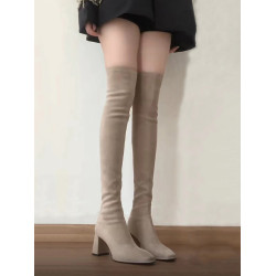 彈力過膝長筒靴方頭粗跟長靴女秋冬瘦瘦靴2025新款絨面高跟高筒靴