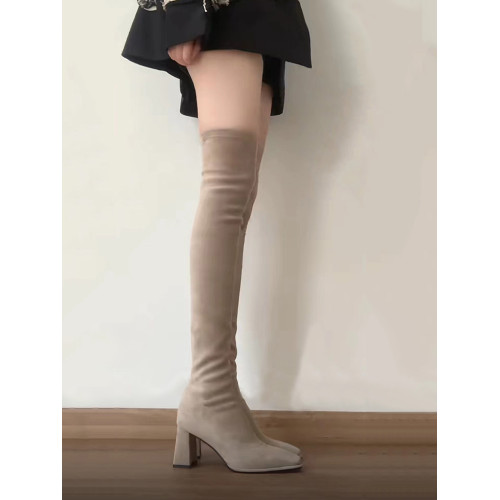 彈力過膝長筒靴方頭粗跟長靴女秋冬瘦瘦靴2025新款絨面高跟高筒靴