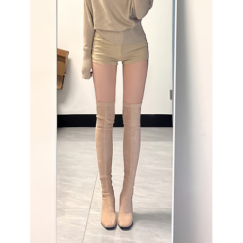 彈力過膝長筒靴方頭粗跟長靴女秋冬瘦瘦靴2025新款絨面高跟高筒靴