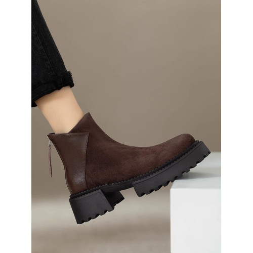 英倫風真皮粗跟厚底馬丁靴女2026秋冬新款百搭復古圓頭後拉鍊短靴