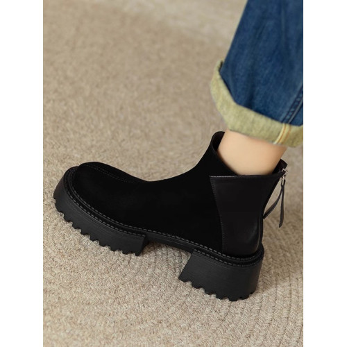 英倫風真皮粗跟厚底馬丁靴女2026秋冬新款百搭復古圓頭後拉鍊短靴