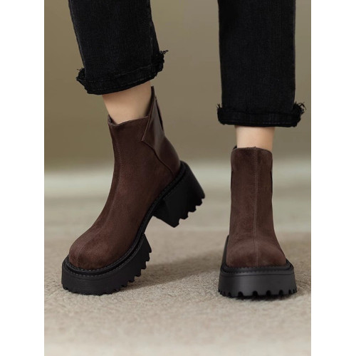 英倫風真皮粗跟厚底馬丁靴女2026秋冬新款百搭復古圓頭後拉鍊短靴