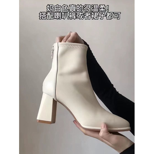 秋冬米白色馬丁靴方頭粗跟後拉鍊瘦瘦靴2025年新款時裝高跟短靴女 秋冬米白色馬丁靴方頭粗跟後拉鍊瘦瘦靴2025年新款時裝高跟短靴女