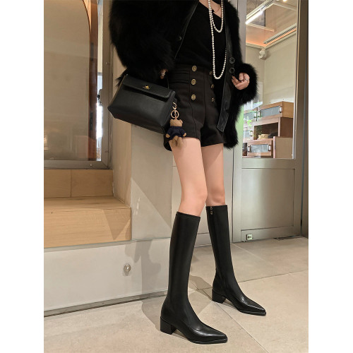 不過膝長靴尖頭粗跟彈力瘦瘦靴中跟高筒長筒騎士靴大碼女靴41—43