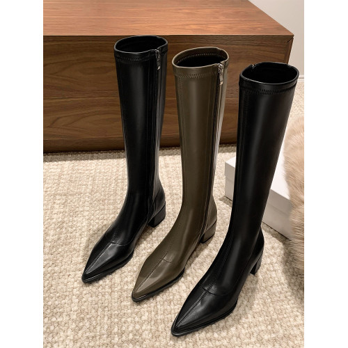 不過膝長靴尖頭粗跟彈力瘦瘦靴中跟高筒長筒騎士靴大碼女靴41—43