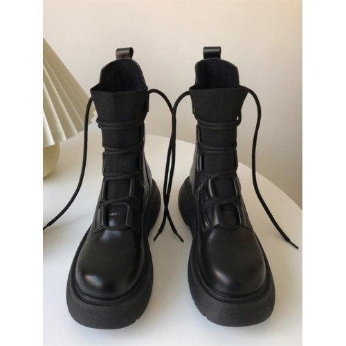 2025秋冬新款真皮馬丁靴女款顯瘦百搭針織系帶英倫風彈力機車短靴