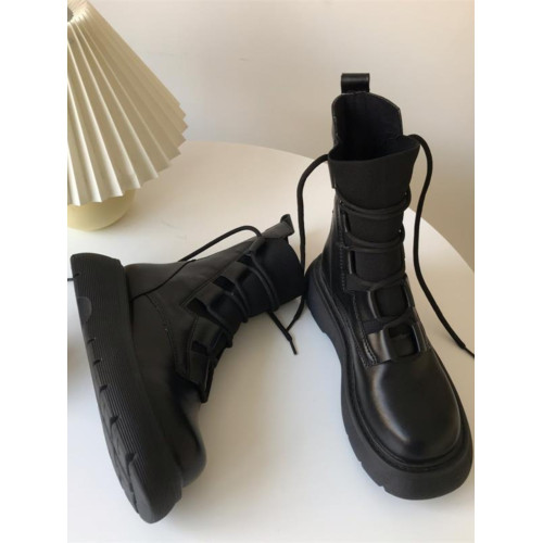 2025秋冬新款真皮馬丁靴女款顯瘦百搭針織系帶英倫風彈力機車短靴