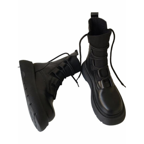 2025秋冬新款真皮馬丁靴女款顯瘦百搭針織系帶英倫風彈力機車短靴