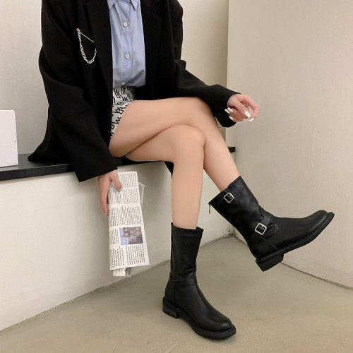 復古搭釦西部牛仔靴女2025新款棕色短靴軟皮中筒騎行靴粗跟馬丁靴