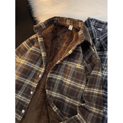 秋冬季加絨加厚格子襯衫男長袖日系復古潮牌vintage寬鬆休閒外套