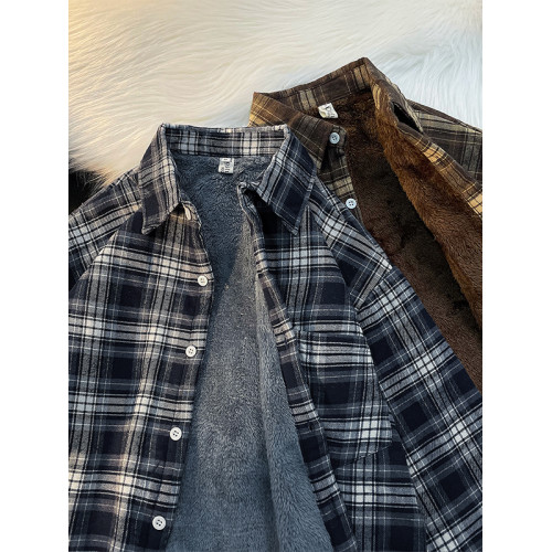 秋冬季加絨加厚格子襯衫男長袖日系復古潮牌vintage寬鬆休閒外套