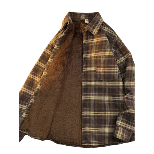 秋冬季加絨加厚格子襯衫男長袖日系復古潮牌vintage寬鬆休閒外套