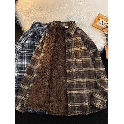 秋冬季加絨加厚格子襯衫男長袖日系復古潮牌vintage寬鬆休閒外套