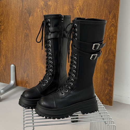 2025新款秋冬季英倫風中筒馬丁靴女小個子厚底增高不過膝騎士靴